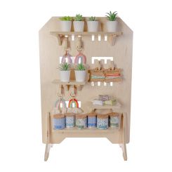 Wooden Countertop Display with Configurable Shelves, Hooks, Pegs